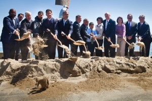 State and congressional officials, led by Massachusetts Gov. Deval Patrick, participated in a ceremonial groundbreaking on May 6 for the New Bedford Marine Commerce Terminal.  (Eric Haynes/Governor’s Office photo)