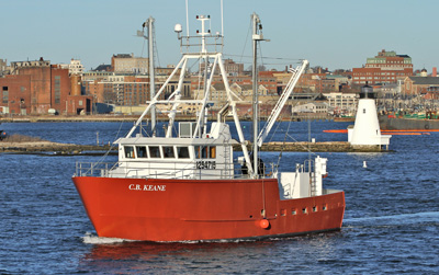 The 78’ steel scalloper C.B. Keane steams out of New Bedford Harbor following completion by Fairhaven Shipyard Companies in January. Steven Kennedy photo With much of the outfitting coming from local suppliers, the C.B. Keane adds to Fairhaven Shipyard’s resume as a commited builder of big steel boats, right here in New England. Steven Kennedy photo Crews wrap-up final details before the C.B. Keane sets sail for her home port of Barneget Light, NJ to joining the Larson family fleet.  According to Fairhaven Shipyard’s Kevin McLaughlin, Keane owner Kirk Larson Sr. has already lined up the yard to build an additional boat for him. (Steven Kennedy photo)