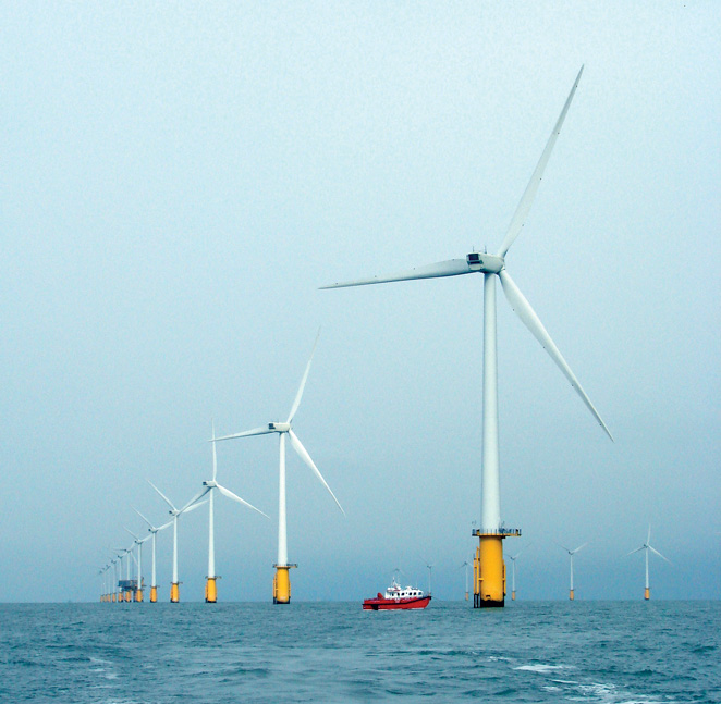 Turbines that are part of the Thanet Offshore Wind Farm off the coast of England.  Given that ocean wind energy is a new industry, the long-term effects of wind farms on the benthic and marine environment are not known. (John Williamson photo)